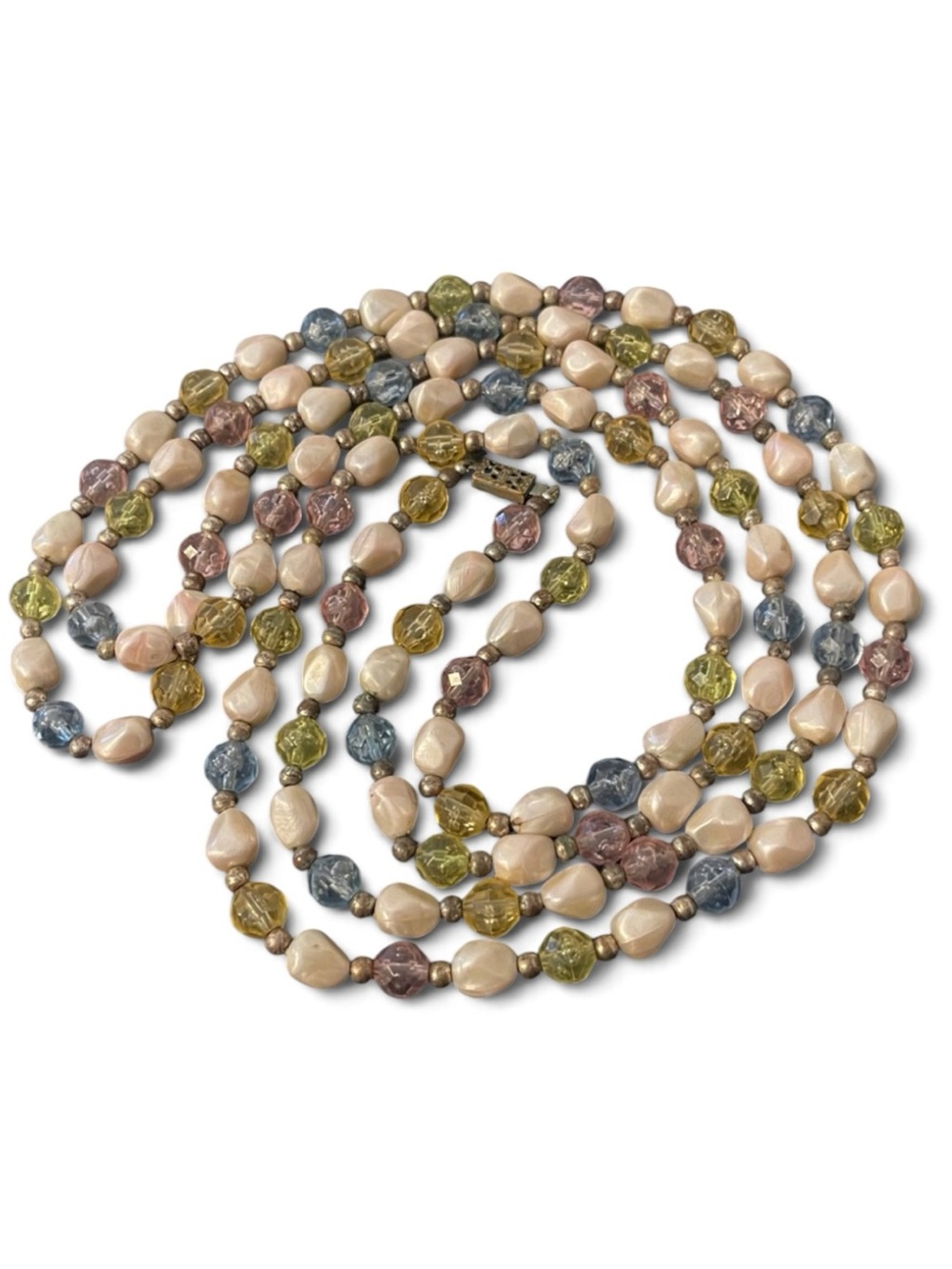 1930โs Faux Pearl & Faceted Pastel Beaded Necklace 60โ